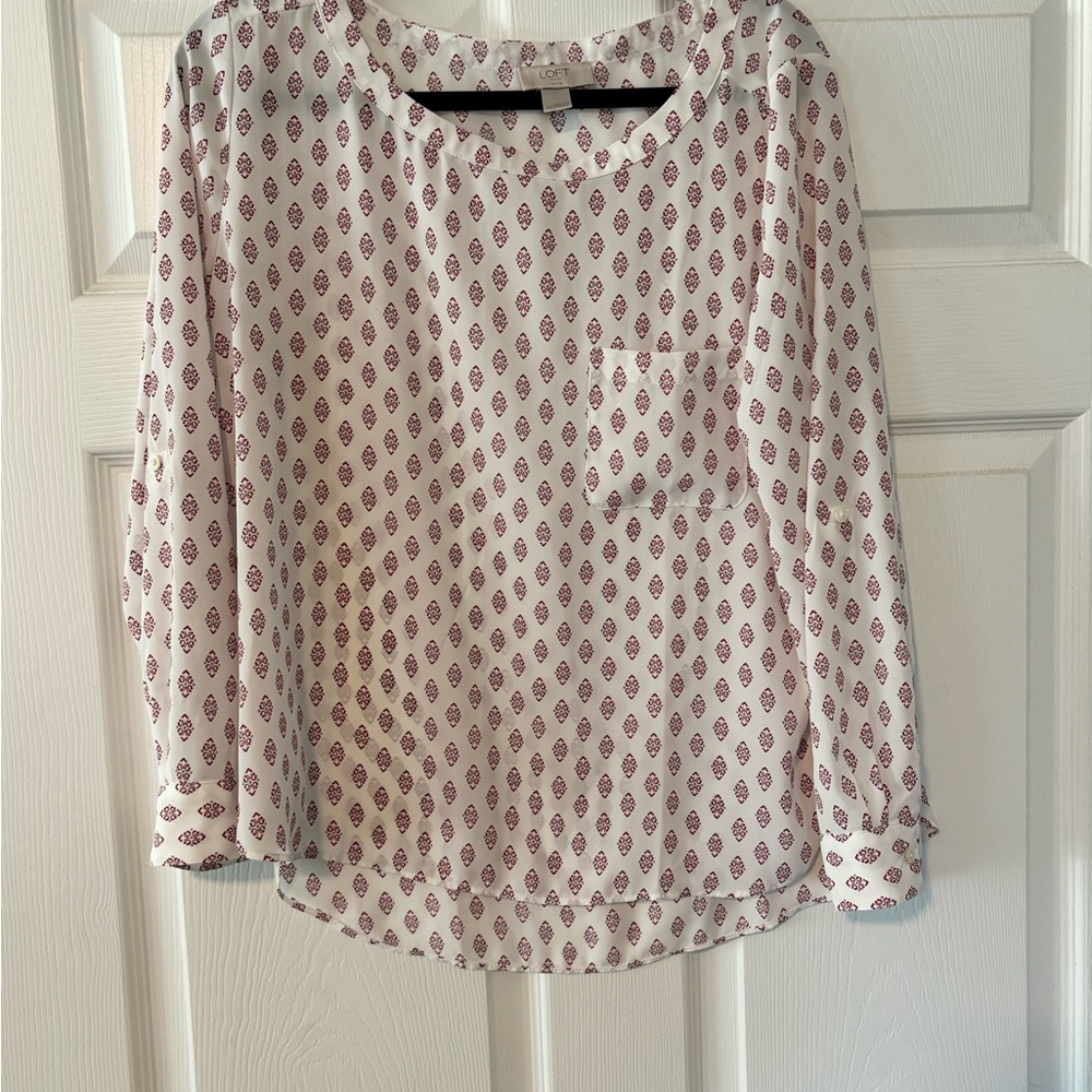 LOFT White Blouse with Burgundy Diamond Print